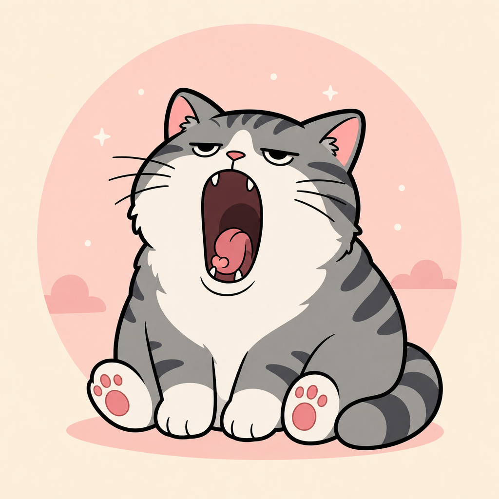 The cat yawning, framed on a soft pink circle with tiny clouds