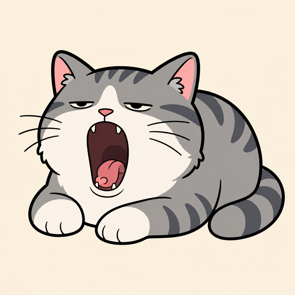 The cat flopped on its side, still mid-yawn