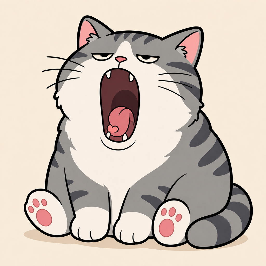 The cat yawning on a cushion beside a lamp and a coffee mug