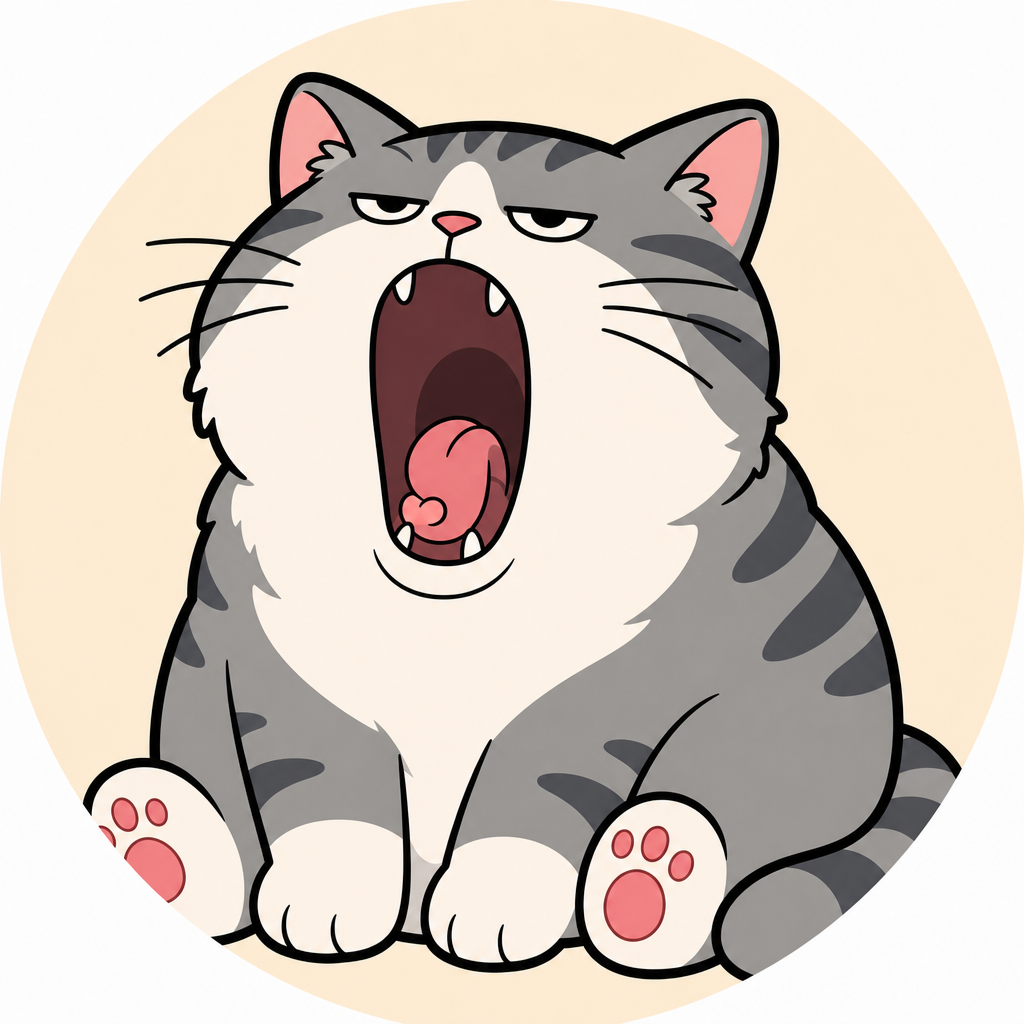 The Eternal Yawn mascot: a drowsy gray cat mid-yawn