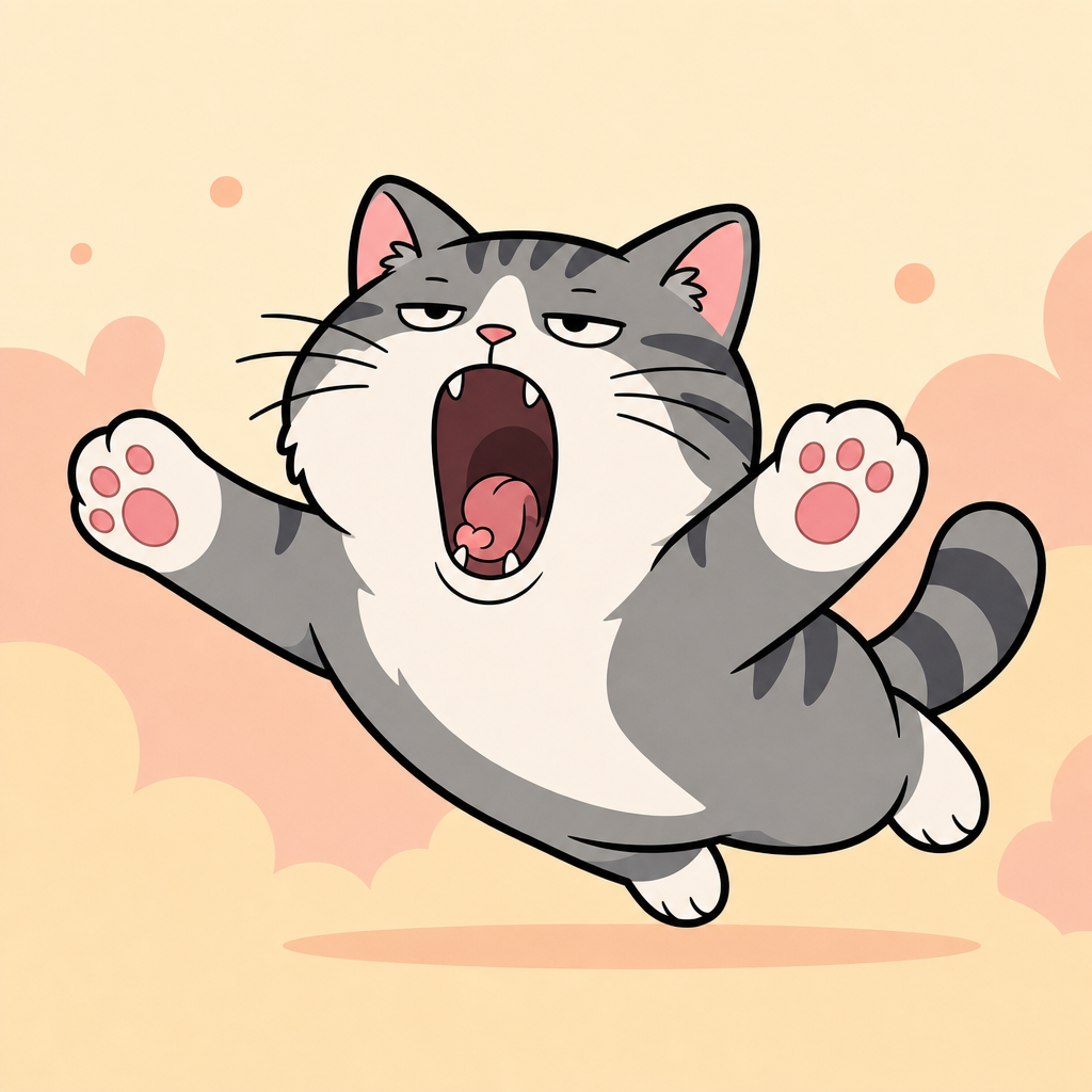The cat mid-leap with paws outstretched, yawning as it goes