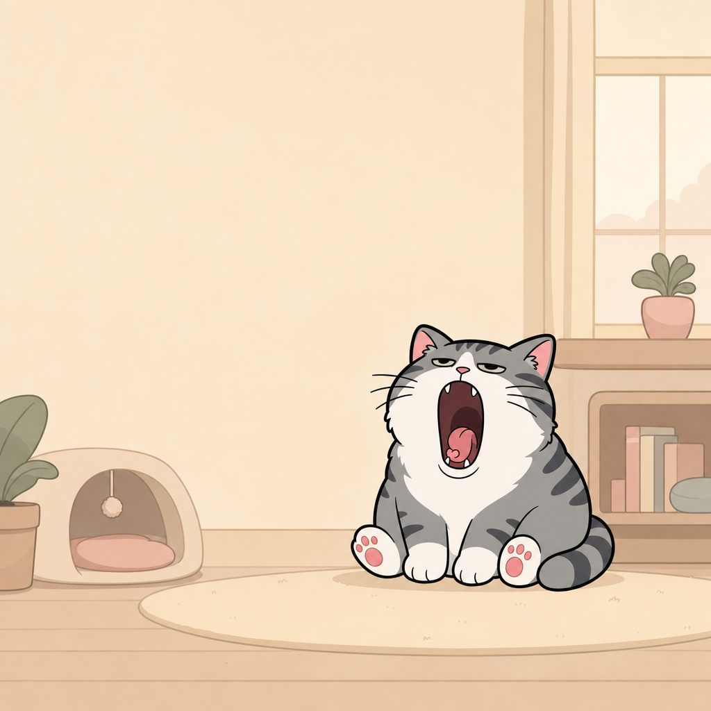A warm, mostly empty room with the small cat sitting on a rug, yawning