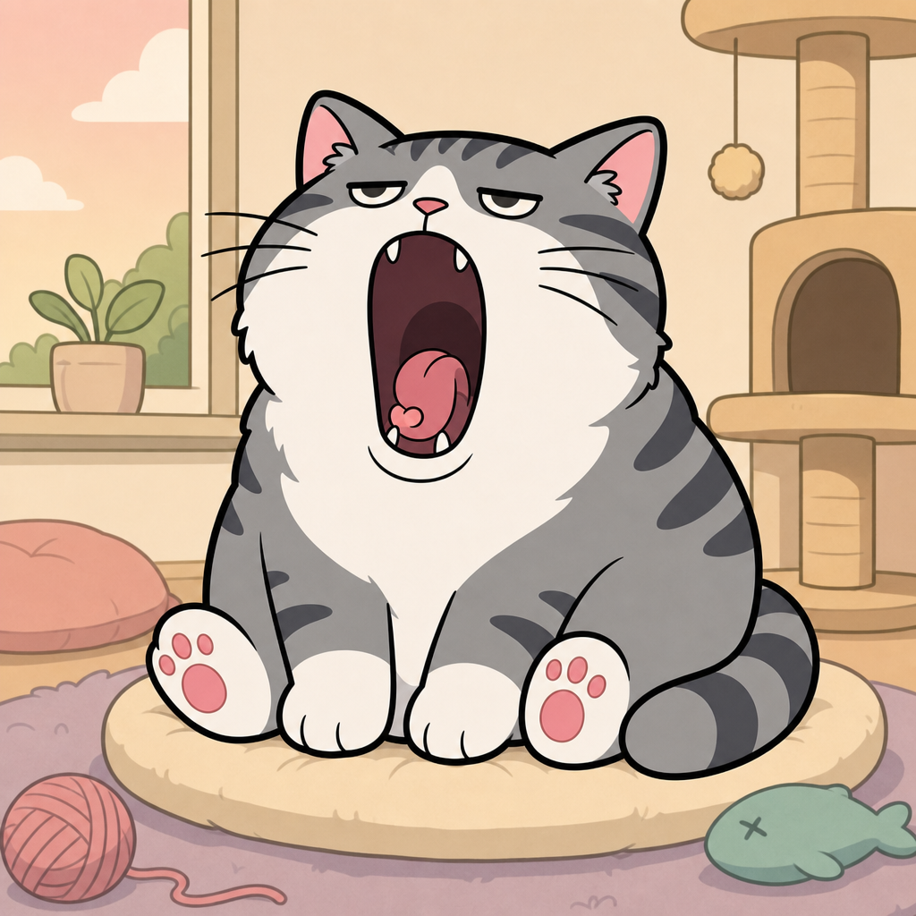 The cat yawning on a round cushion in a cozy room with a cat tree, plant, and toys